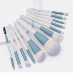 12pcs high quality blue and white or red and white wood handle reinforced aluminum tube synthetic wool makeup set brush