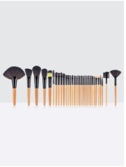 32pcs high quality yellow wooden handle black thickened aluminum tube synthetic wool professional makeup brush