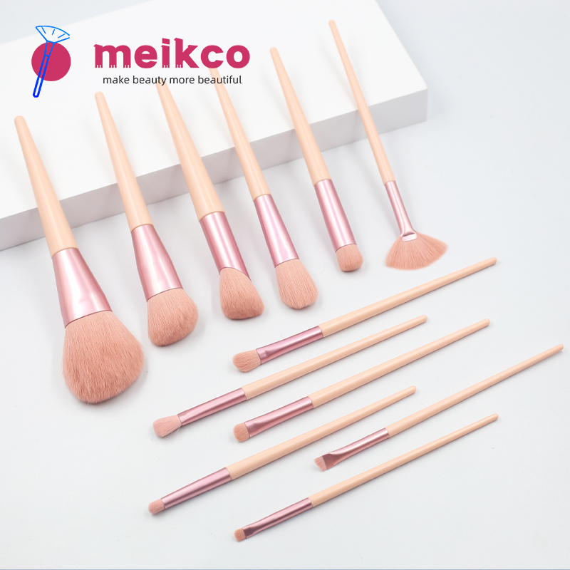 12pcs high quality pink wooden handle reinforced aluminum tube synthetic wool makeup set brush