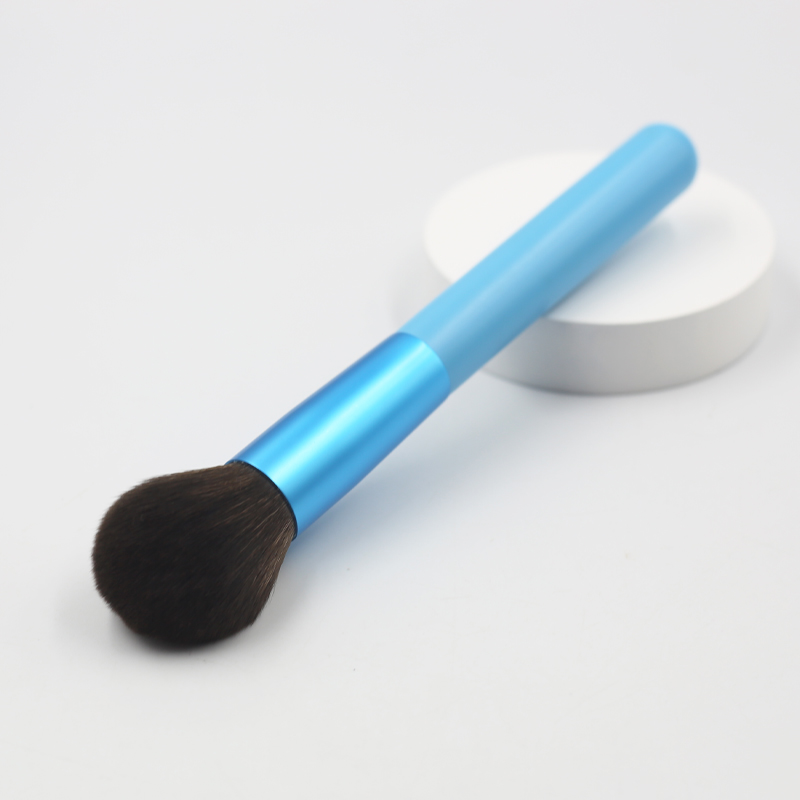 High quality lake blue handle with thick aluminum tube synthetic hair blush brush