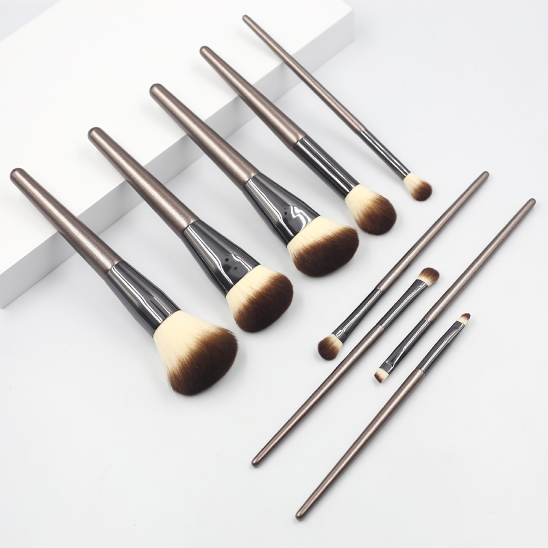 Wholesale 9pcs makeup brush accept custom Logo private label white brown hair brown aluminum tube makeup brush set