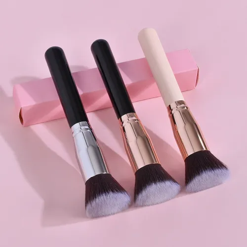 Factory Wholesale High quality Kabuki flat head blush brush Pink Black handle Silver rose gold high quality aluminum tube carton customized private logo