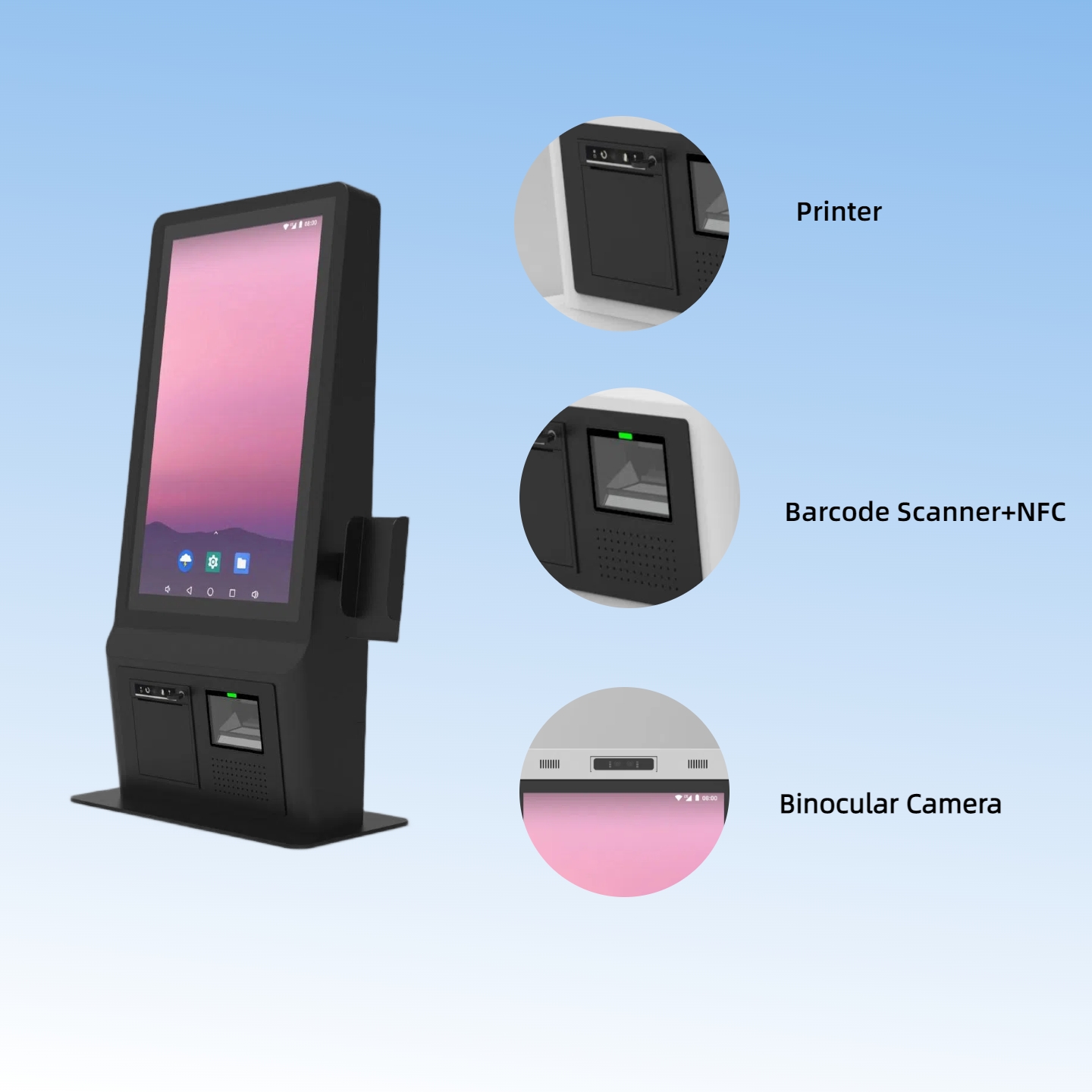 Professional 21.5-Inch Touchscreen Self-Service Food Service Kiosk NFC Scanner WiFi Android/Windows SDK Payment Capabilities