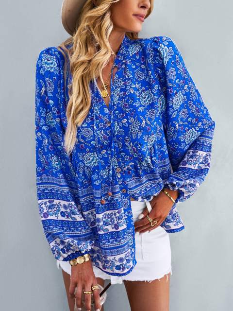 GAOVOT Fall Floral Print V Neck Frill Single Breasted Shirt Top For Women 2022 Ladies Casual Loose Boho Long Lantern Sleeves Top