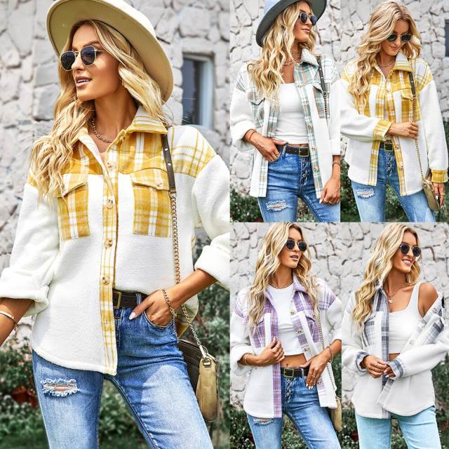 GAOVOT Womens Patchwork Plaid Shirts Fashion Lapel Collar Single Breasted Casual Top Jacket For Ladies