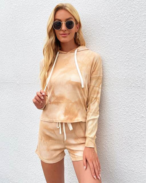 Gaovot Casual Two Piece Shorts Sets For Women Long Sleeve Airport Outfits Women Tie Dye Suits For Women Hooded Tracksuit Woman