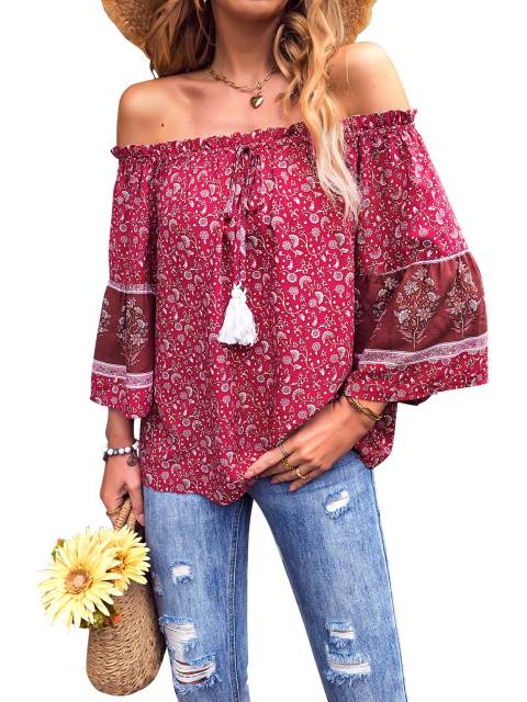 GAOVOT Women's Boho Off Shoulder Tops Flare Sleeve Sexy Summer Outfits Floral Print Casual Shirt Blouses