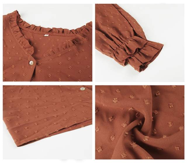 GAOVOT Casual V Neck Solid Color Single Breasted Fashion Shirts For Women  Elegant Long Sleeve Polka Dot Chiffon Blouses