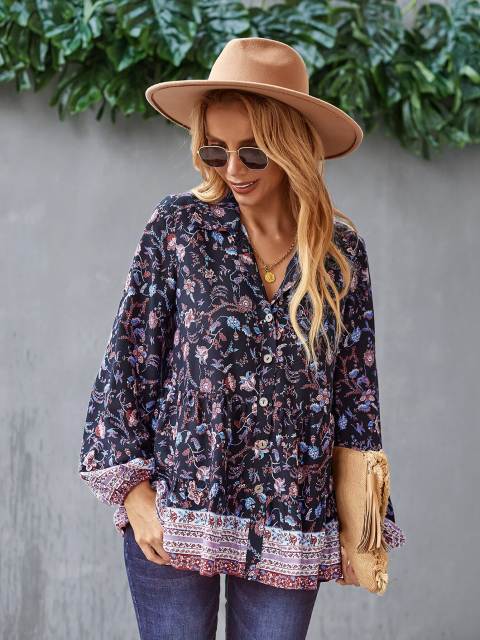 GAOVOT Women's Bohemian Lapel Button Down Shirt Loose Floral Print Blouses Long sleeve Holiday Style Top