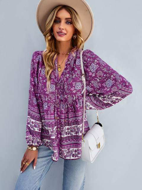 GAOVOT Fall Floral Print V Neck Frill Single Breasted Shirt Top For Women 2022 Ladies Casual Loose Boho Long Lantern Sleeves Top