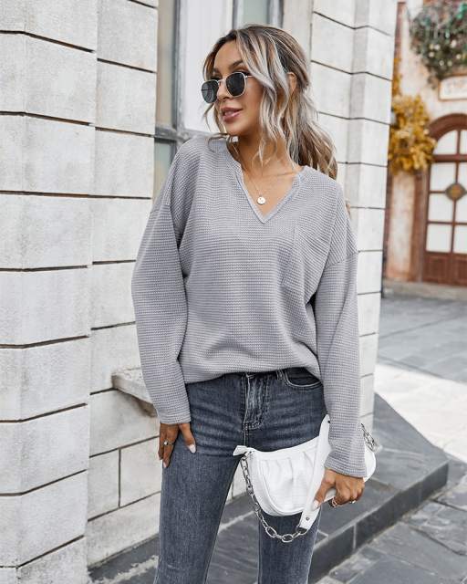 GAOVOT Autumn Deep V-Neck Casual Loose Top For Women 2022 Ladies Simple Solid Color Lazy Wind Tops