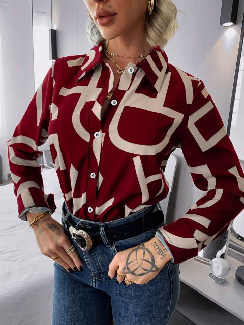 Gaovot Lapel Single Breasted Women's Long Sleeve Tops Fashion Printing Ladies Shirts Office Lady Vintage Blouse Loose Shirt