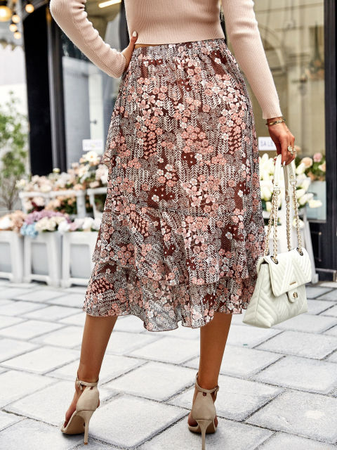 GAOVOT Floral Print Ruffle Tiered Cake Midi Skirt For Women 2022 New Ladies High Elastic Waist Pleated Chiffon Party Skirts