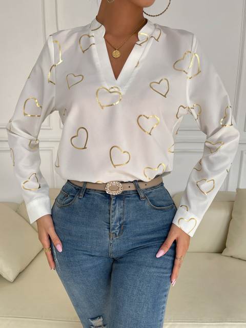 Gaovot Cusal Long Sleeve Chiffon Shirt Heart Print Blouse V Neck Women White Blouses Fashion Woman 2022 Elegant Feminine Shirts