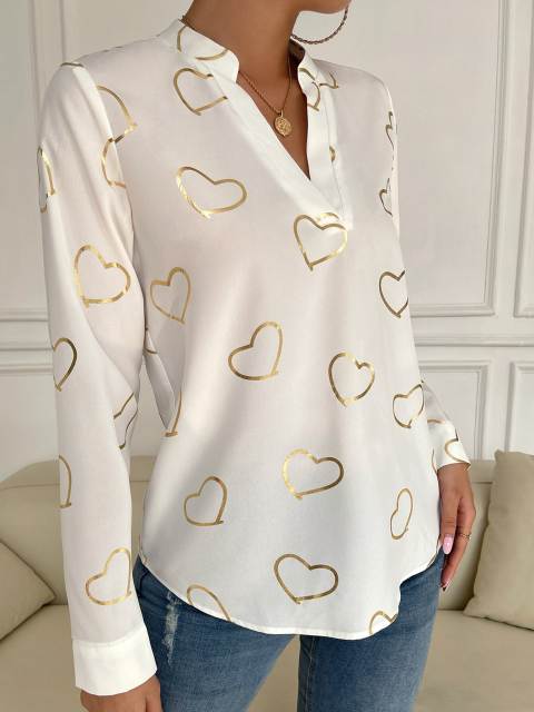 Gaovot Cusal Long Sleeve Chiffon Shirt Heart Print Blouse V Neck Women White Blouses Fashion Woman 2022 Elegant Feminine Shirts