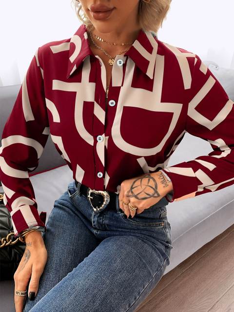 Gaovot Lapel Single Breasted Women's Long Sleeve Tops Fashion Printing Ladies Shirts Office Lady Vintage Blouse Loose Shirt