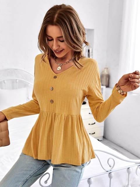 GAOVOT Ruffles T-Shirts V-Neck Long Sleeve Spring Autumn Button Tops for Women New Casual Tees Loose Blouses Fashion Shirts