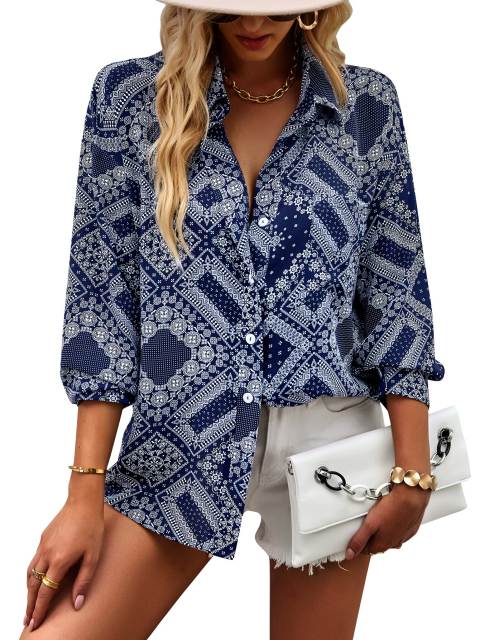 GAOVOT Printed Single Breasted Retro Trend Blouse Tops For Women 2022 New Ladies Lapel Long Sleeves Casual Vacation Style Shirts