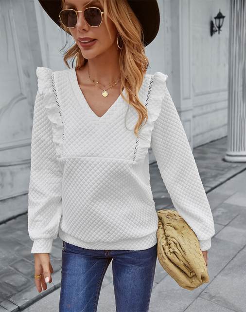 GAOVOT Autumn V-Neck Ruffle Trim Long Sleeve Elegant Top For Women 2022 New Ladies Solid Color Casual Loose Warm Blouse Tops