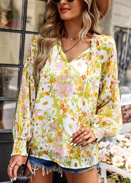 GAOVOT Women Long Lantern Sleeve Fall Tops Ruffle V Neck Drawstring Shirt For Women Loose Casual Floral Print Elegant Blouse Tos