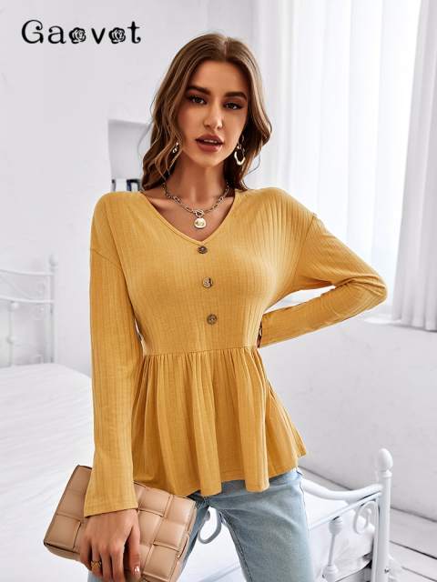 GAOVOT Ruffles T-Shirts V-Neck Long Sleeve Spring Autumn Button Tops for Women New Casual Tees Loose Blouses Fashion Shirts