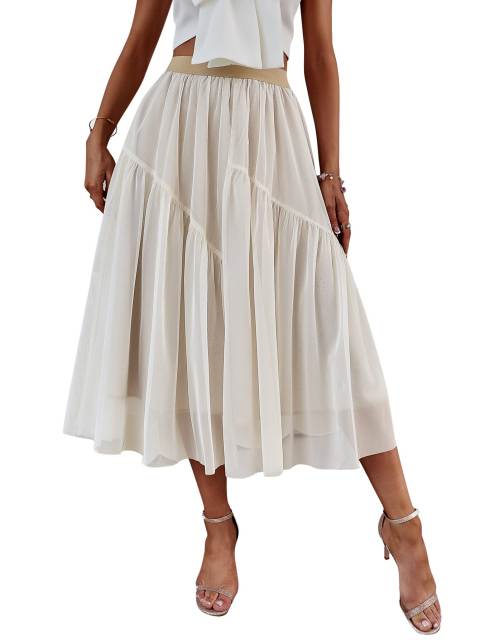 GAOVOT Women's Midi Skirt High Elastic Waist Pleated Chiffon Skirt Mesh Midi Skirt Prom Party Tulle Tutu A-Line Swing Skirt