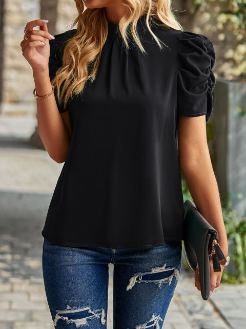 Half High Neck Solid Color Blouse Top