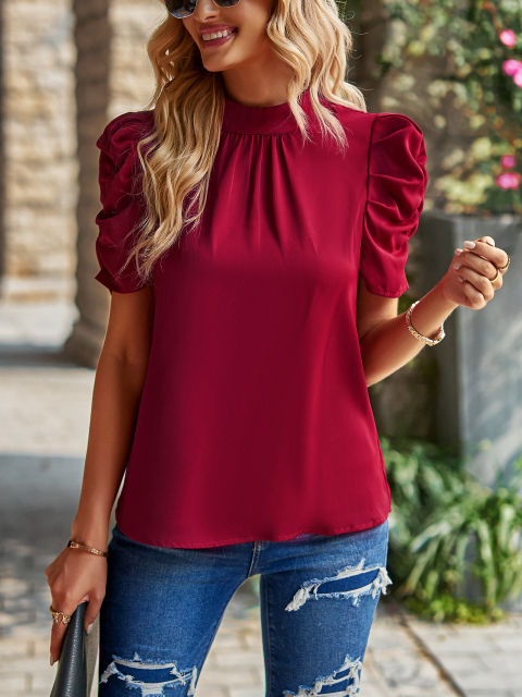 Half High Neck Solid Color Blouse Top