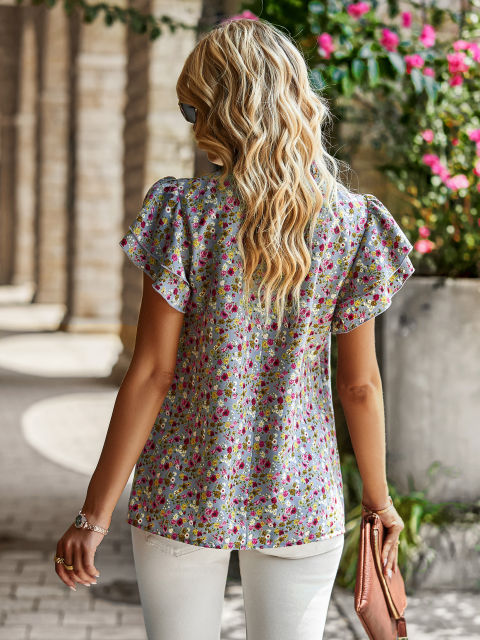 Half High Neck Short Sleeve Floral Print Shirt Top