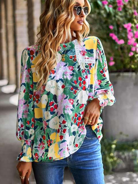 Lantern Sleeve Floral Print Shirt Top