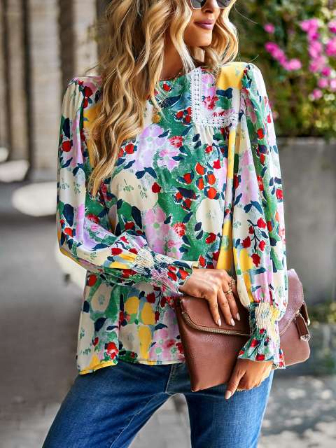 Lantern Sleeve Floral Print Shirt Top