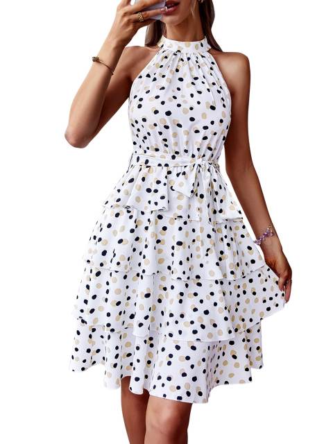 GAOVOT Women's Beach Summer Dresses Sleeveless Halter Neck Dress Polka Dots Causal Boho Party Mini Dresses with Belt