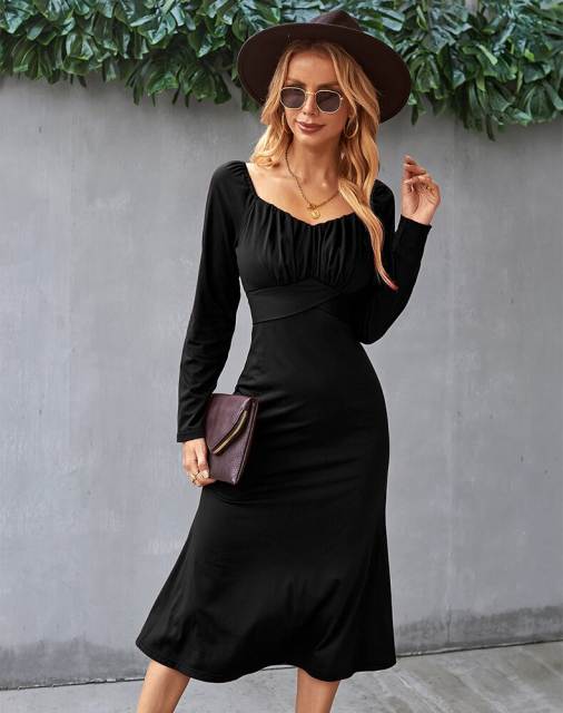 GAOVOT Autumn Square Neck Long Sleeve Solid Color Casual Long Dress For Women 2022 New Ladies Slim Fit Elegant Comfortable Dress