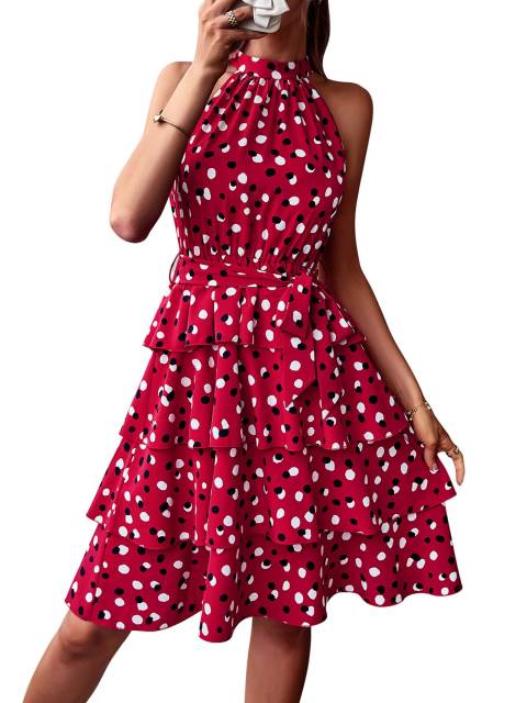 GAOVOT Women's Beach Summer Dresses Sleeveless Halter Neck Dress Polka Dots Causal Boho Party Mini Dresses with Belt