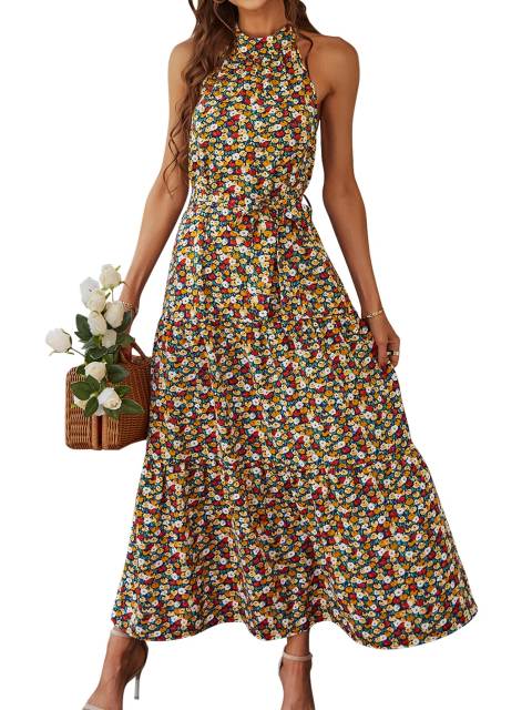 GAOVOT Women Summer Maxi Dress 2022 Sexy Halter Neck Sleeveless Bohemian Long Dress Floral Print Elegant Vestidos Female Robe