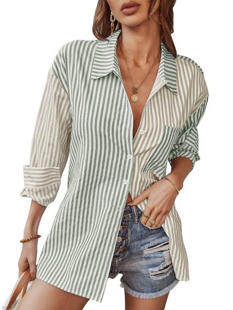 Vertical Stripes Button Down Colorblock Pocket Shirt