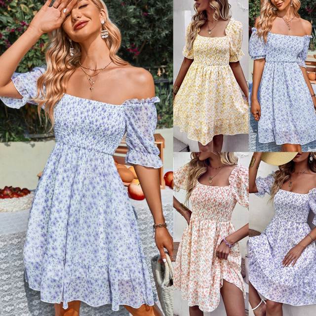 GAOVOT Women Square Neck Midi Dress Chiffon Half Sleeve Summer Floral Ruffle Vintage Elastic Bust Sun Dresses 2022