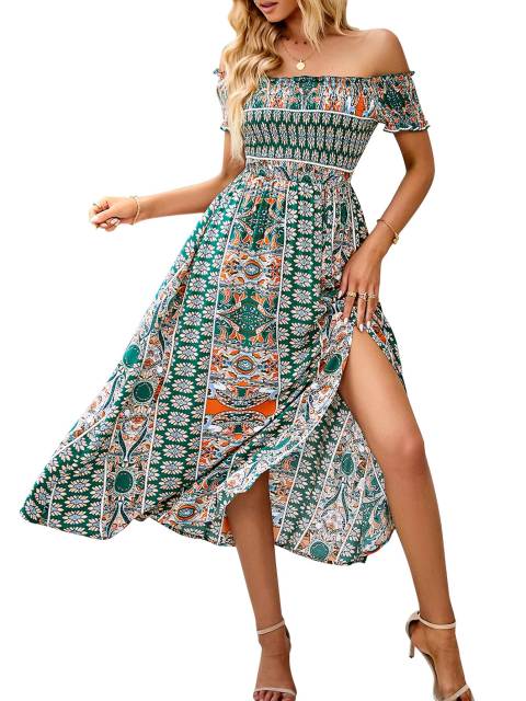 GAOVOT Women's Dresses Boho Floral Print Off Shoulder Short Sleeve Dress High slit A-line dress Summer Beach Midi Swing Dress 20