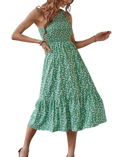 GAOVOT One Shoulder Sleeveless Dress for Women Summer Floral Ruffle Vintage High Waist Elastic Bust Sun Dresses