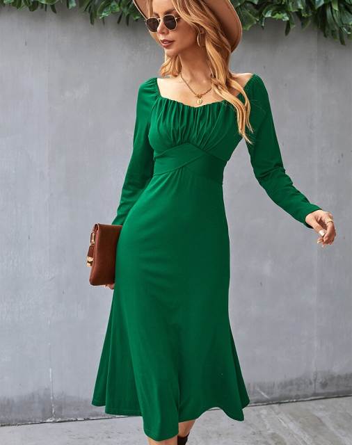 GAOVOT Autumn Square Neck Long Sleeve Solid Color Casual Long Dress For Women 2022 New Ladies Slim Fit Elegant Comfortable Dress