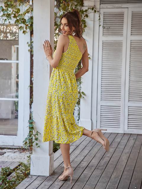 GAOVOT One Shoulder Sleeveless Dress for Women Summer Floral Ruffle Vintage High Waist Elastic Bust Sun Dresses