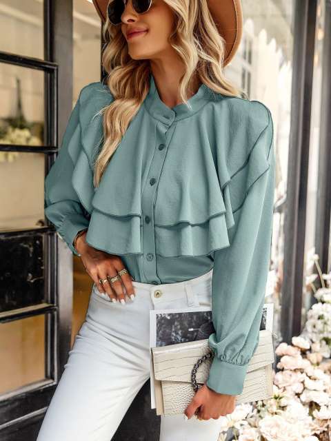 Gaovot Fashion Ruffles blouses Long Lantern Sleeves Tops Solid Color Elegant Social Women's Shirt Casual Shirts single breasted