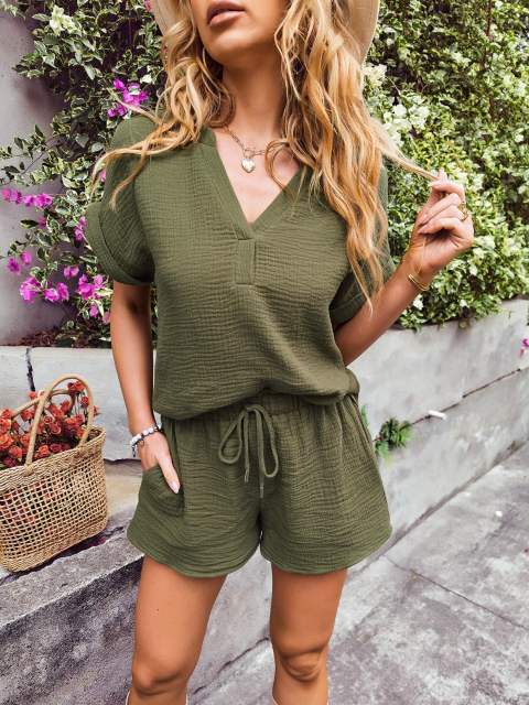 Solid V-Neck Top and Drawstring Shorts Two Piece Set