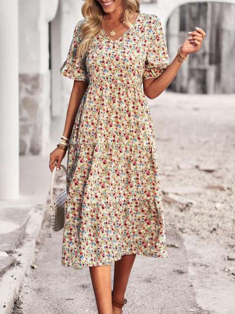 Floral Print V-neck Short-sleeved Vacation Dress