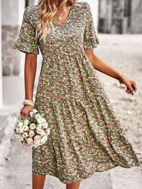 Floral Print V-neck Short-sleeved Vacation Dress