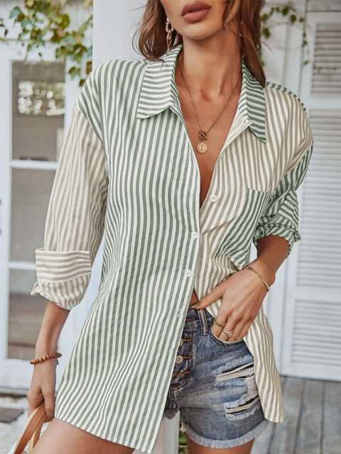 GAOVOT Women's Vertical Stripes Button Down Shirts Long Sleeve Colorblock Pocket Shirt Casual loose Oversize Style Blouses Tops