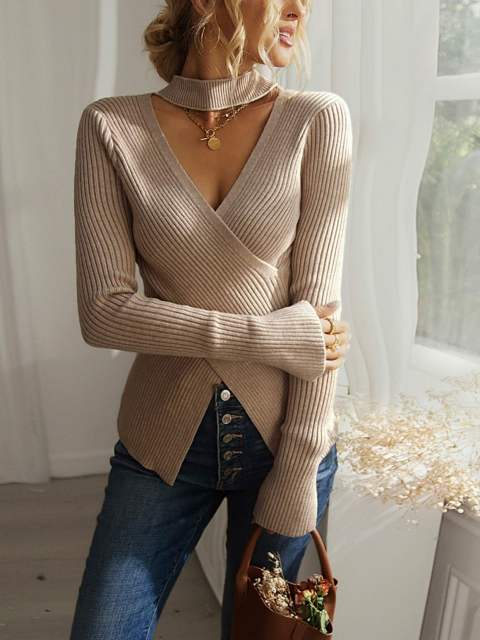 Turtleneck Wrap Cross Hollow Out Crop Knit Pullover Sweater Tops