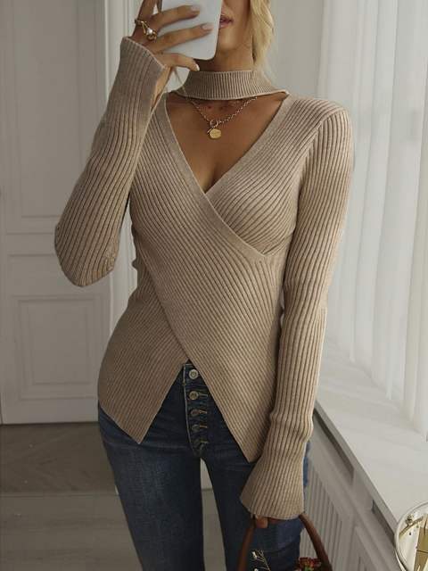 Turtleneck Wrap Cross Hollow Out Crop Knit Pullover Sweater Tops