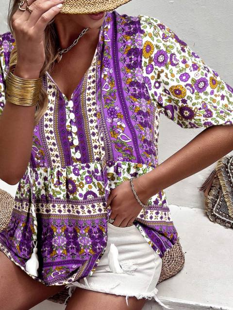 V-neck Tassel Floral Printing Holiday Style Top