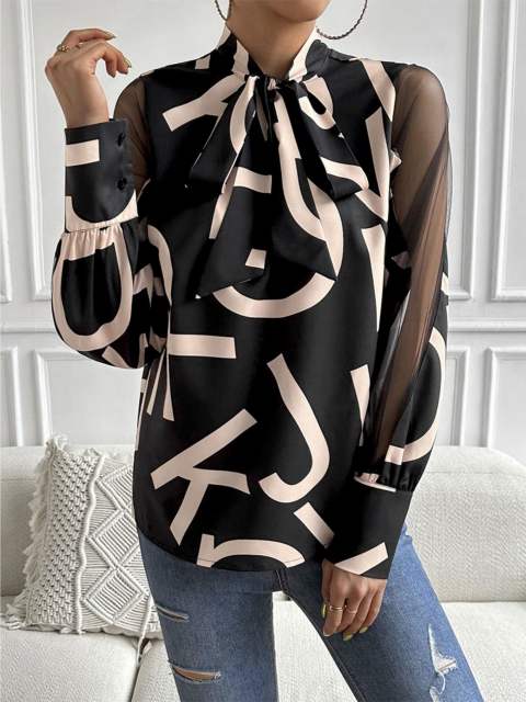 Letter Graphic Mesh Sleeve Neck-Tie Blouse Top